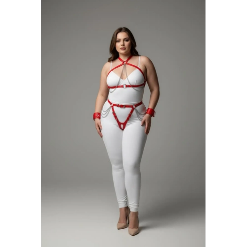 B�y�k Beden K�rm�z� Kad�n Harness Tak�m Zincir Detayl� Deri Fantezi Aksesuar - APFT1224