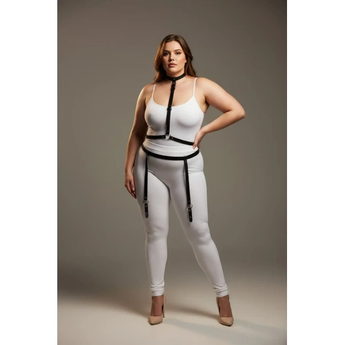B�y�k Beden Siyah Kad�n Jartiyer Harness Boyun ve Bacak Detayl� Deri Aksesuar - APFT230