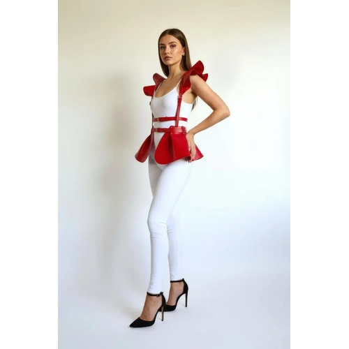 K�rm�z� Etek Deri Volanl� Omuz Peplum - APFT1001