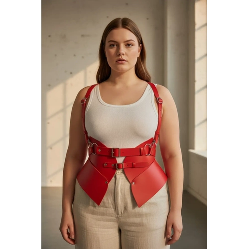 B�y�k Beden K�rm�z� Kad�n Kemer Korse G�r�n�ml� Deri Harness V�cut Aksesuar� - APFT616