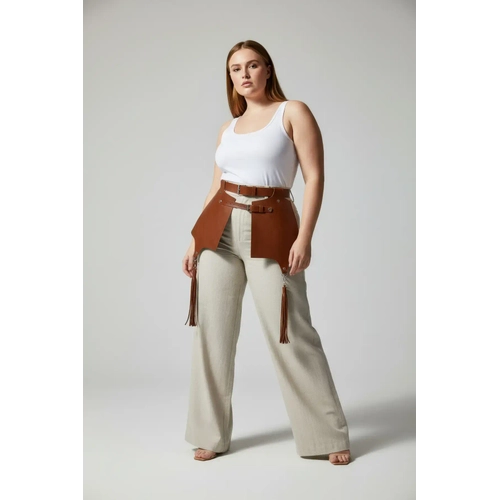 B�y�k Beden Taba Kad�n Deri Kemer, Korse ve P�sk�l Detayl� Harness - APFT985