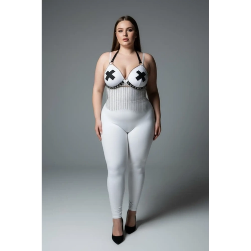 B�y�k Beden Beyaz Kad�n Harness Tak�m Zincir Detayl� Deri Fantezi Aksesuar - APFT477