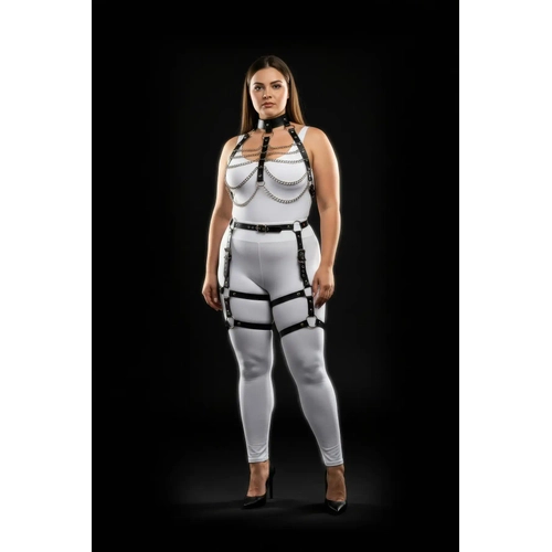 B�y�k Beden Siyah Kad�n Harness Tak�m Zincir Detayl� Jartiyerli Deri Set - APFT1262