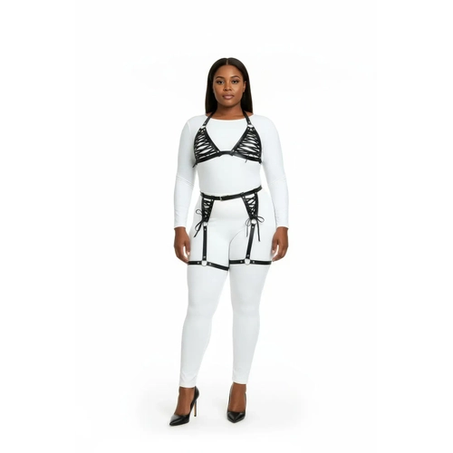 B�y�k Beden Siyah Kad�n Deri Harness Tak�m Jartiyerli ve Ba�c�kl� Fantezi Kombin - APFT1389
