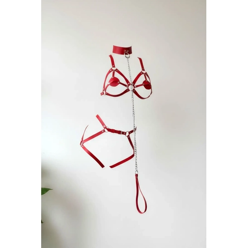 K�rm�z� Jartiyer Harness Deri Zincir Detayl� V�cut Tak�m� - APFT311