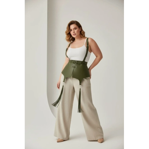 B�y�k Beden Haki Kad�n Kemer Korse Kesimli Omuz Ask�l� P�sk�l Detayl� - APFT787