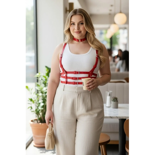 B�y�k Beden K�rm�z� Kad�n Kemer Deri Harness Korse G�r�n�ml� V�cut Aksesuar� - APFT615