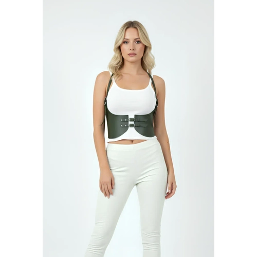 Haki Renk Kal�n Kad�n Kemeri, Deri Kemer Harness - APFT605
