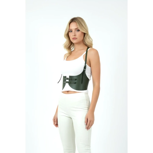 Haki Renk Kal�n Kad�n Kemeri, Deri Kemer Harness - APFT605