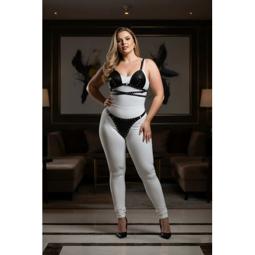 B�y�k Beden Siyah Kad�n Harness Tak�m Z�mba Detayl� Deri Fantazi - APFT849