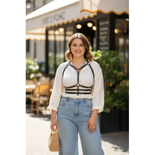 B�y�k Beden Siyah Kad�n Kemer Deri V�cut Harness Z�mba Detayl� - APFT543