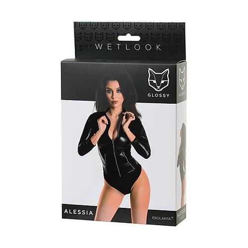 Glossy Alessia Bodysuit, Wetlook malzemeden fermuarl, siyah, L