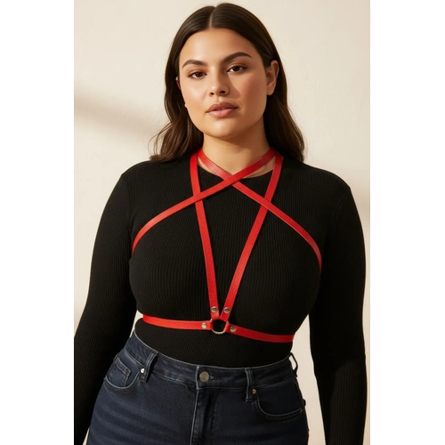 B�y�k Beden K�rm�z� Kad�n Kemer Deri Harness Tarz� Elbise Aksesuar� - APFT15