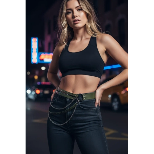 Haki Kad�n Kemer Zincir Detayl� Halka Tokal� Bel Aksesuar� - APFT586