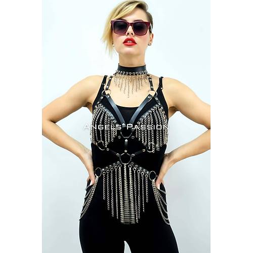 Zincirli Deri Harness, Deri Dans Kostm, Choker Detayl Deri Harness - APFT1397