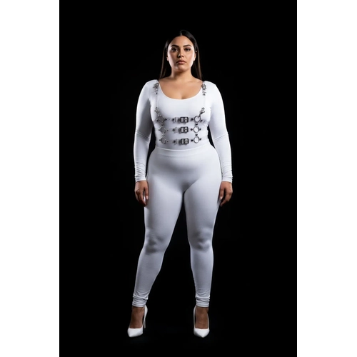 B�y�k Beden Beyaz Kad�n Harness Tak�m Deri G�r�n�ml� Toka Detayl� - APFT1058