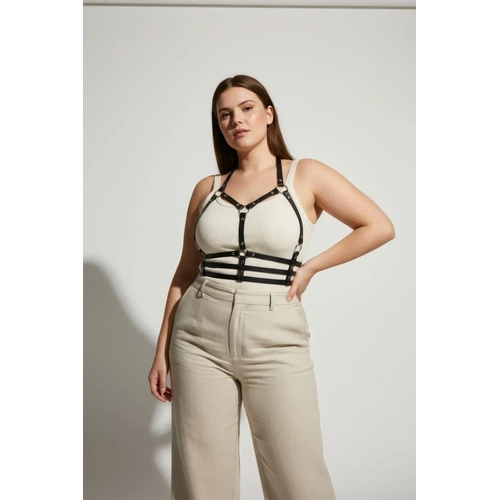 B�y�k Beden Siyah Kad�n Kemer Deri Harness Metal Detayl� - APFT760