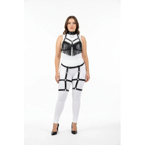 B�y�k Beden Siyah Kad�n Harness Tak�m P�sk�ll� Deri G�r�n�ml� Jartiyerli Fantezi Aksesuar - APFT715