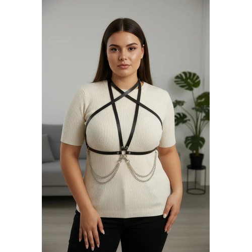 B�y�k Beden Siyah Kad�n Kemer Zincir Detayl� Deri V�cut Aksesuar� - APFT52