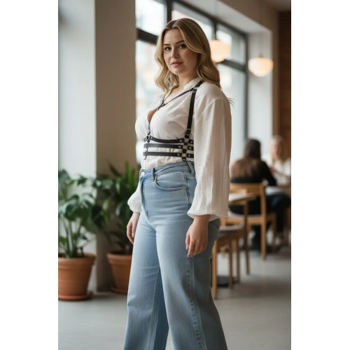 B�y�k Beden Siyah Kad�n Kemer Deri V�cut Harness Z�mba Detayl� - APFT543