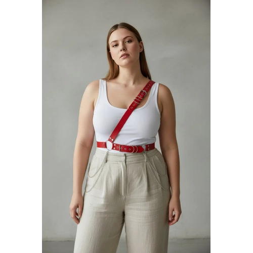B�y�k Beden K�rm�z� Kad�n Deri Harness Kemer Zincir Detayl� V�cut Aksesuar� - APFT813