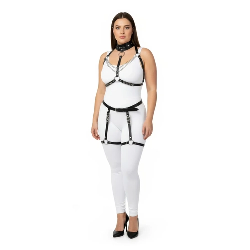 B�y�k Beden Siyah Kad�n Deri Harness Tak�m Zincir ve Halka Detayl� Jartiyerli - APFT1081
