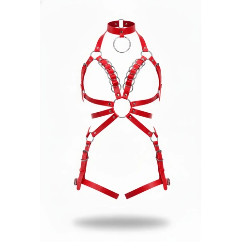 K�rm�z� Harness Tak�m Deri Metal Halka Detayl� Boyunluklu - APFT781