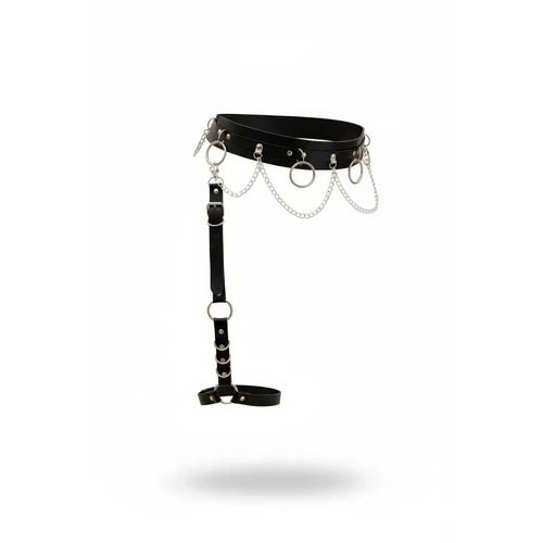 Siyah Jartiyer Harness Zincir Detayl� Deri Bacak Aksesuar� - APFT807