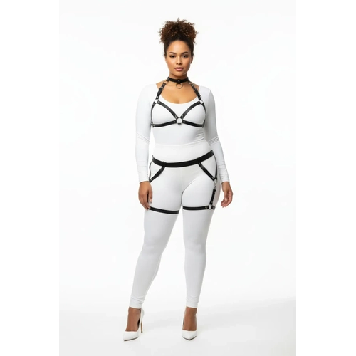 B�y�k Beden Siyah Kad�n Deri Harness Tak�m Jartiyerli Halka Detayl� - APFT478