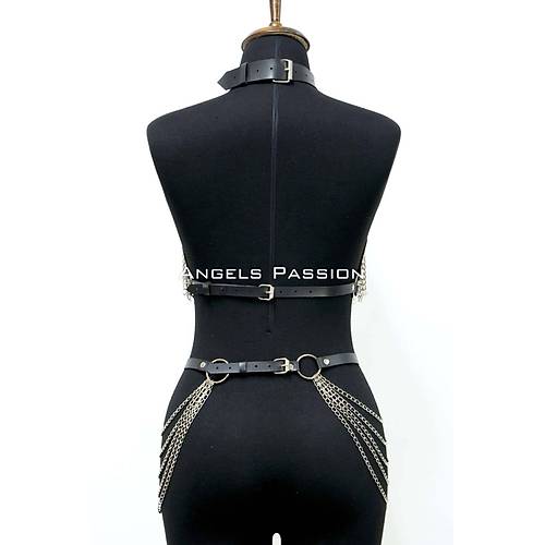 Deri ve Zincir Detayl� Harness Tak�m, Deri Dans�� Kost�m, Choker Detayl� Deri Harness - APFT1397