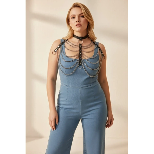 B�y�k Beden Siyah Kad�n Kemer Zincir Detayl� Deri Harness V�cut Aksesuar� - APFT401