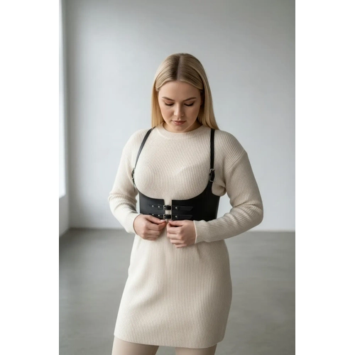 B�y�k Beden Siyah Kad�n Kemer Deri Harness Detayl� ��k V�cut Aksesuar� - APFT605