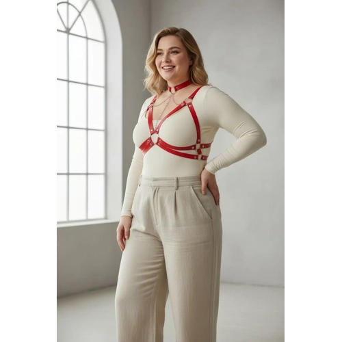 B�y�k Beden K�rm�z� Kad�n Kemer Zincir Detayl� Deri Harness - APFT797