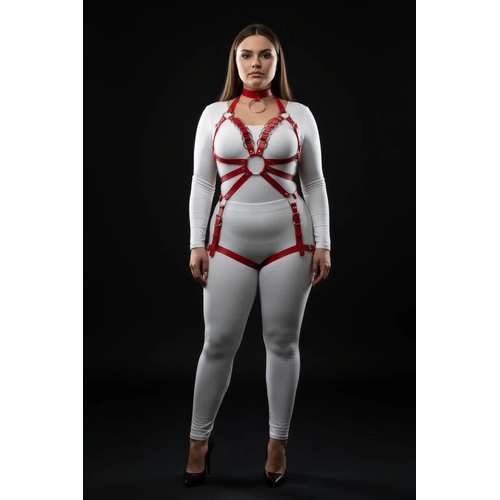 B�y�k Beden K�rm�z� Kad�n Deri Harness Tak�m Zincir ve Jartiyer Detayl� - APFT781