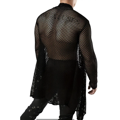 Erkek Uzun File Kimono G�mlek, Siyah Transparan Clubwear - APTM001