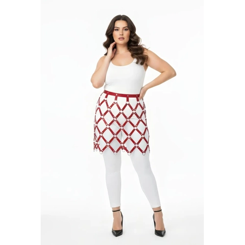 B�y�k Beden Bordo Deri Harness Etek Halka Detayl� File Desenli - APFT696