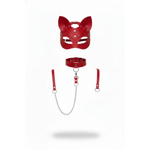 K�rm�z� Harness Tak�m Deri Kedi Maskeli Zincir Detayl� - APFT784