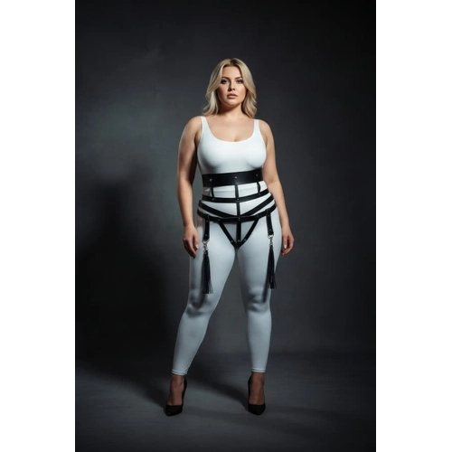 B�y�k Beden Siyah Kad�n Deri Harness Tak�m Jartiyerli P�sk�l Detayl� - APFT397