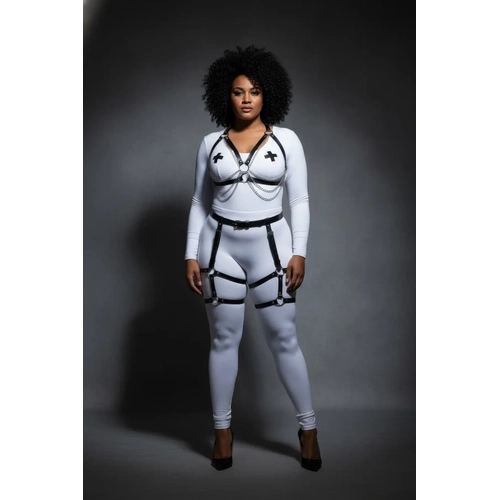 B�y�k Beden Siyah Kad�n Zincir Detayl� Deri Jartiyerli Harness Tak�m - APFT497