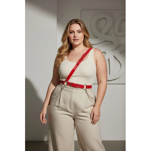 B�y�k Beden K�rm�z� Kad�n Deri Harness Kemer Zincir Detayl� V�cut Aksesuar� - APFT813