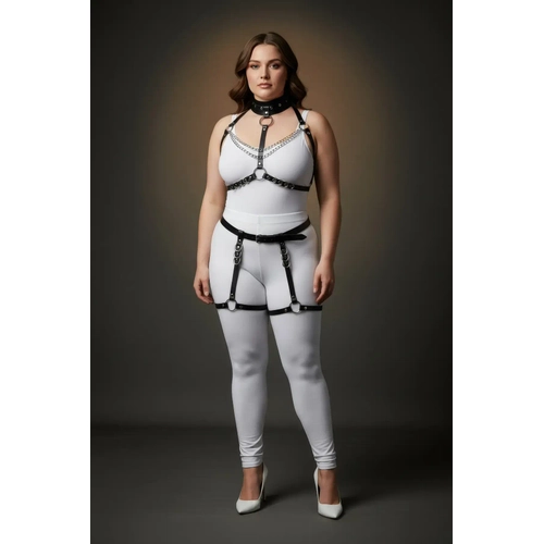 B�y�k Beden Siyah Kad�n Deri Harness Tak�m Zincir ve Halka Detayl� Jartiyerli - APFT1081