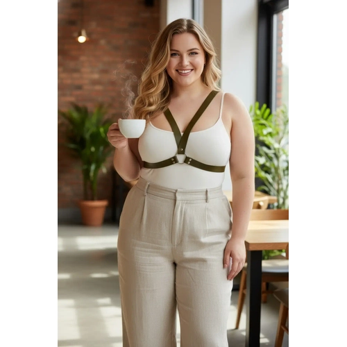 B�y�k Beden Haki Kad�n Kemer Deri Harness Halka Detayl� V�cut Aksesuar� - APFT633