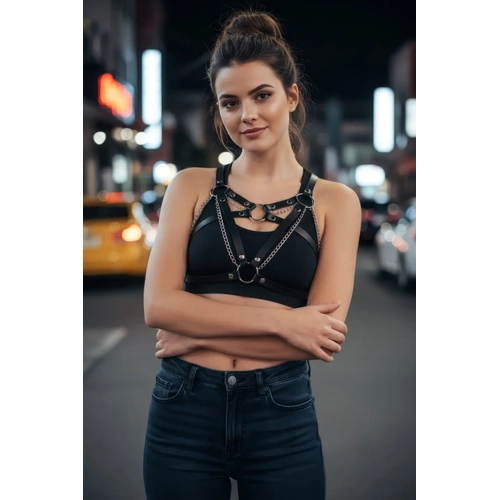 Siyah Kad�n Kemer Deri Zincir Detayl� V�cut Aksesuar� - APFT741