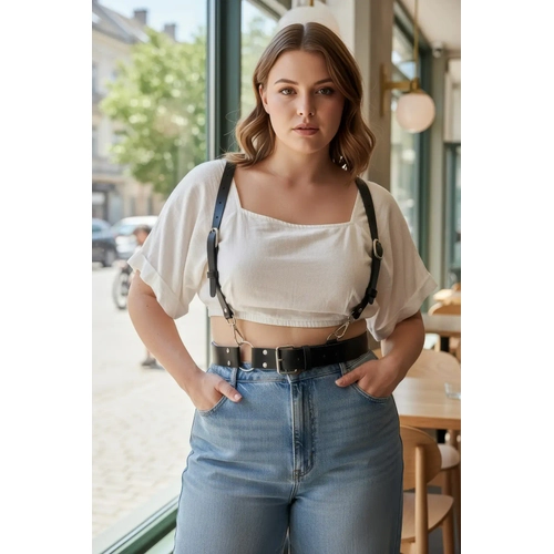 B�y�k Beden Siyah Kad�n Kemer Deri Harness Stil Halka Detayl� V�cut Aksesuar� - APFT934