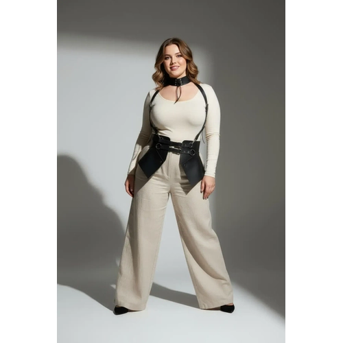 B�y�k Beden Siyah Kad�n Deri Kemer Boyun Ba�lant�l� Korse Harness - APFT622