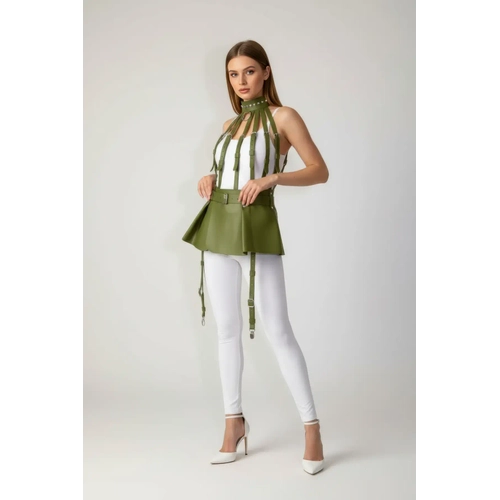 Haki Etek Suni Deri Etek Peplum Y�ksek Bel Etek - APFT998