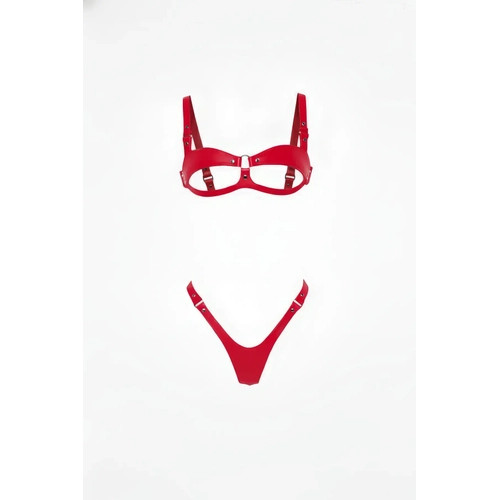 K�rm�z� Harness Tak�m Parlak Deri A��k Kap S�tyen Tanga Set - APFT1382