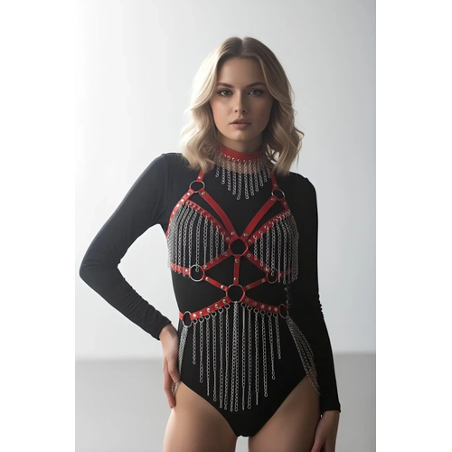 K�rm�z� Body Harness Kad�n Deri Zincir Detayl� V�cut Aksesuar� - APFT1397