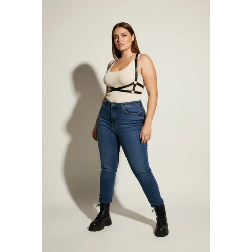 B�y�k Beden Siyah Kad�n Kemer Deri Harness V�cut Aksesuar� �apraz Detayl� - APFT204