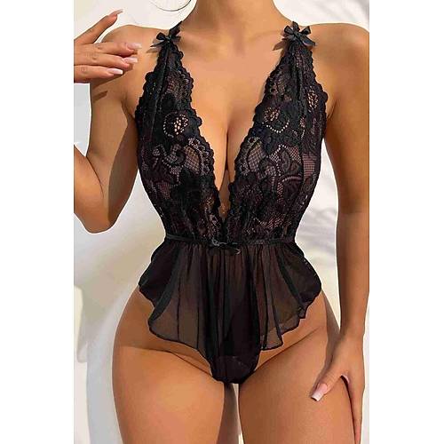 Merry See Dantelli Gecelik Babydoll Bodysuit Siyah